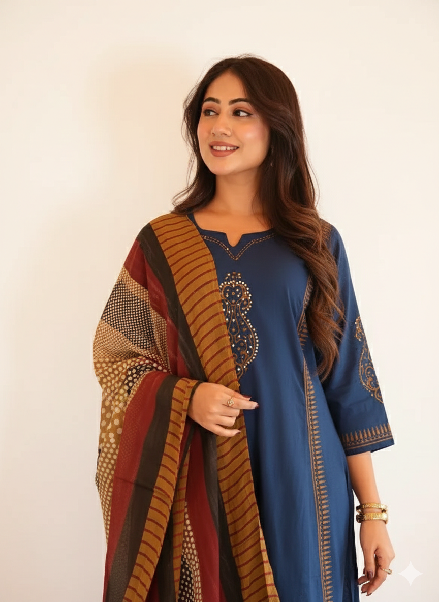 Navy Blue Printed Kurta Set