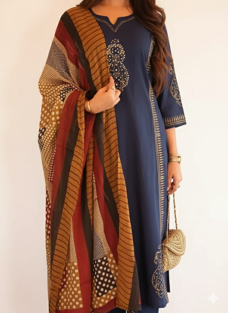 Navy Blue Printed Kurta Set - Image 3