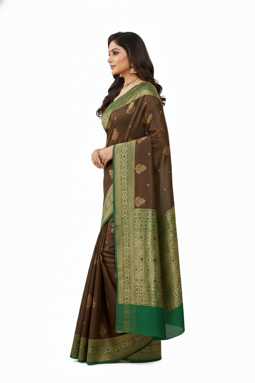 Dark Brown Silk Banarasi saree - Image 3