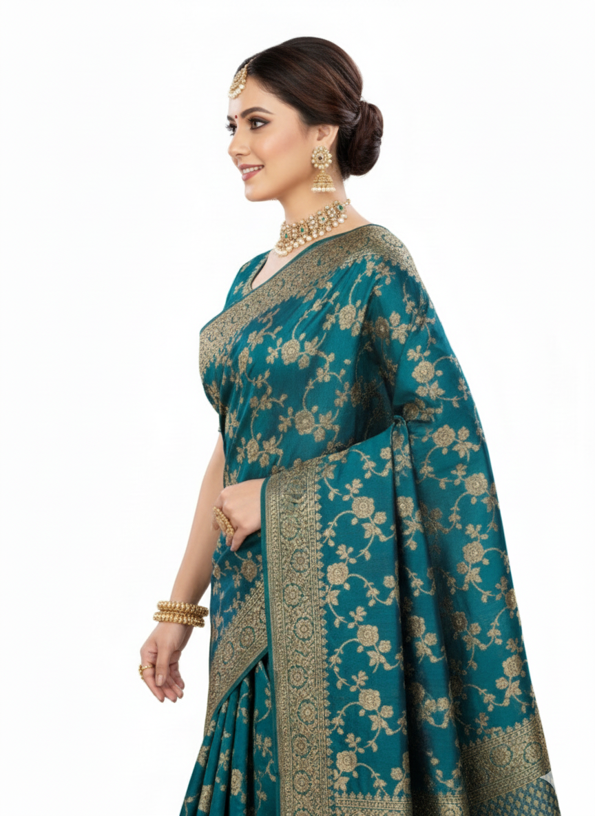 Blue Silk Woven Wedding Saree - Image 2