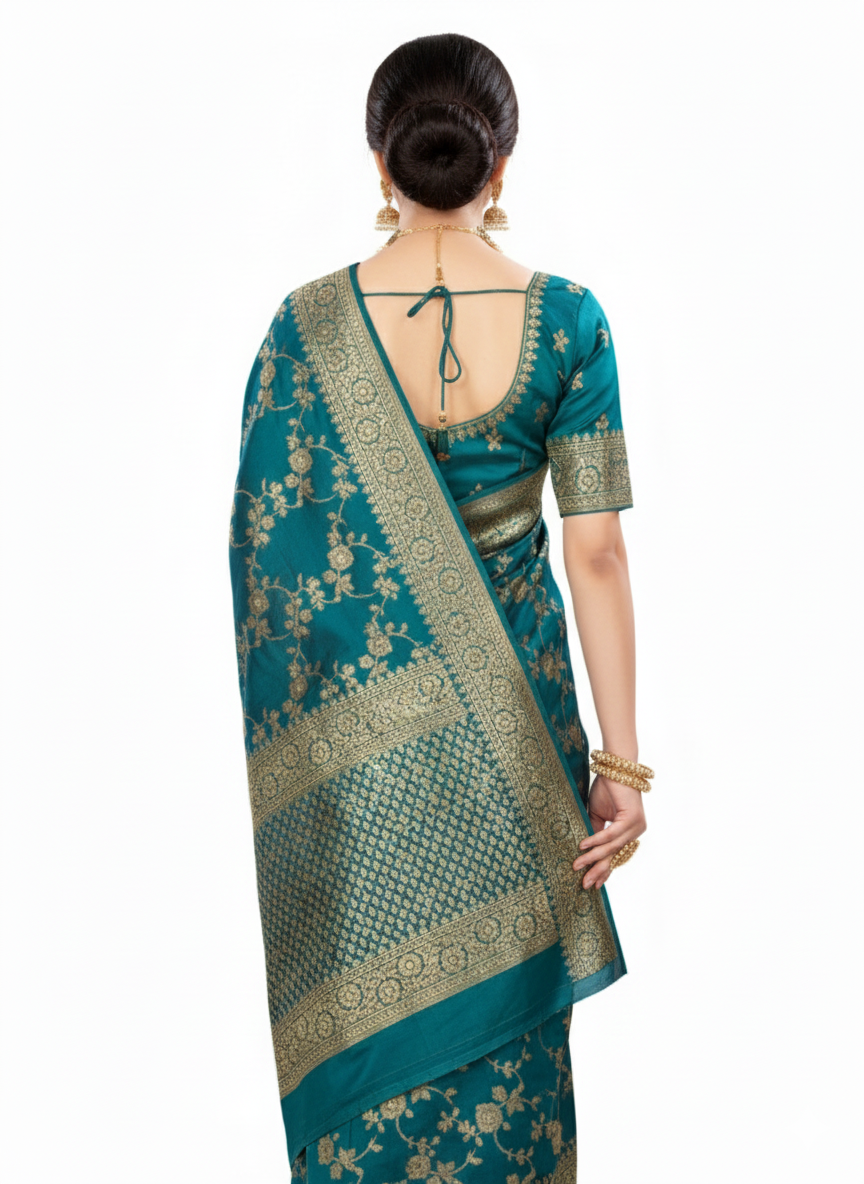 Blue Silk Woven Wedding Saree - Image 3