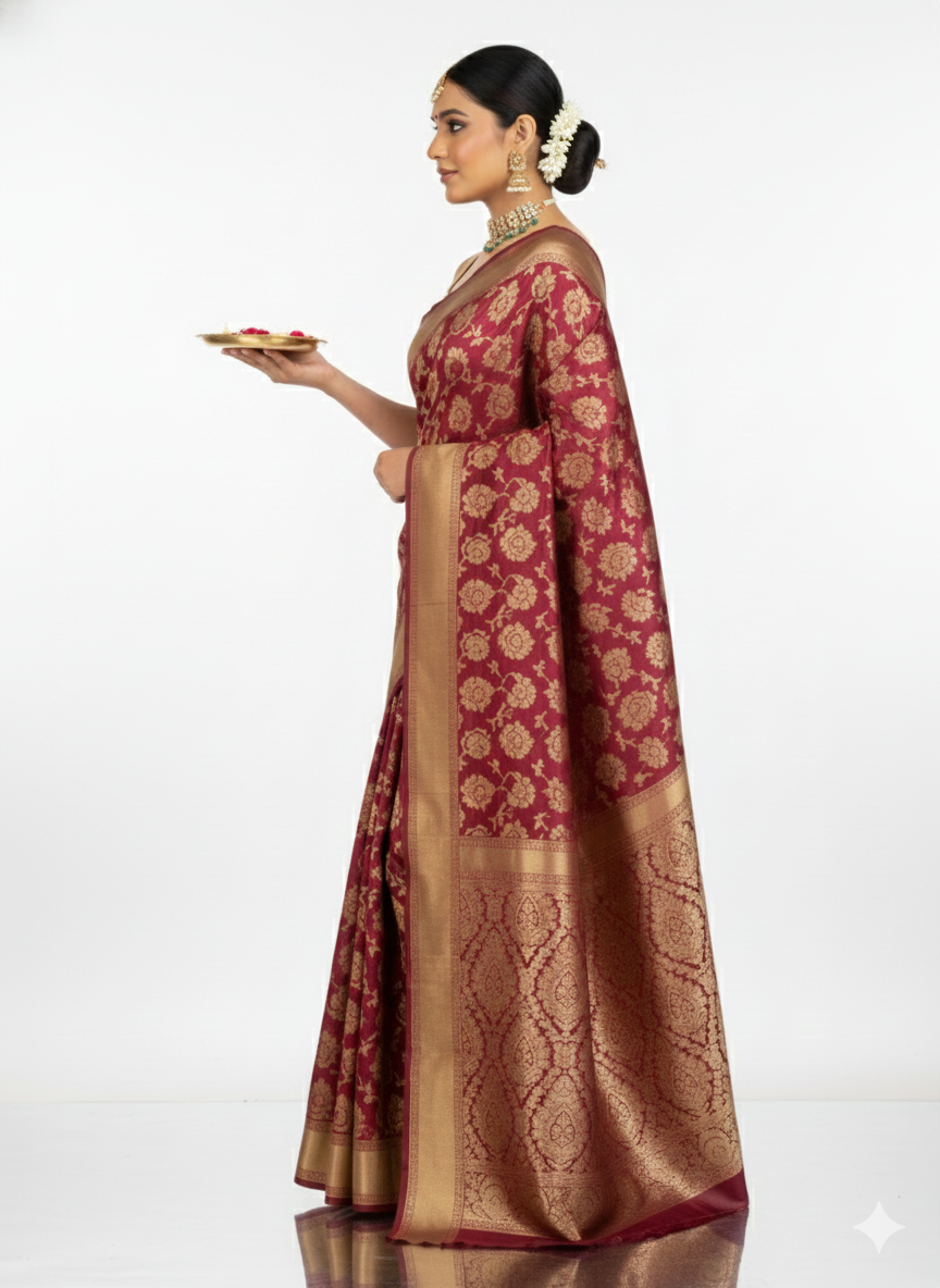 Red Woven Viscous Wedding Saree - Image 3