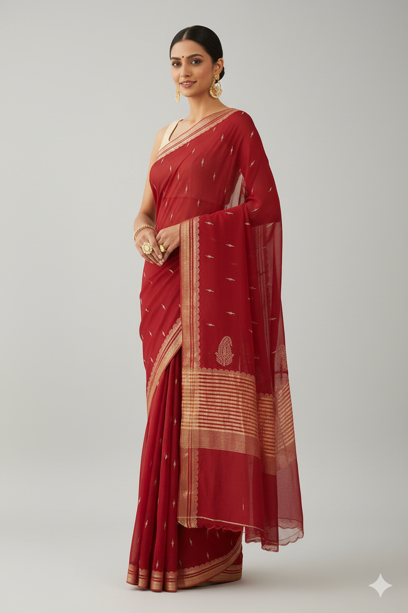 Red Chiffon Embroidered Saree