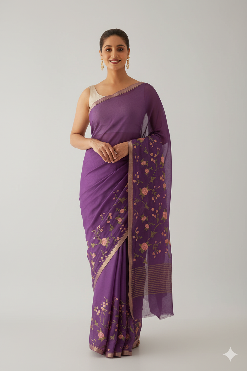 Purple Chiffon Embroidered Saree