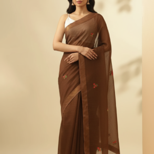 Brown Kota Saree Embroidered
