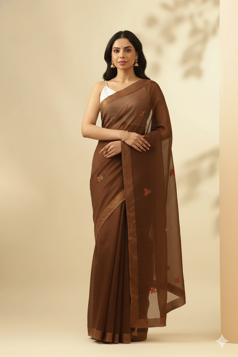 Brown Kota Saree Embroidered