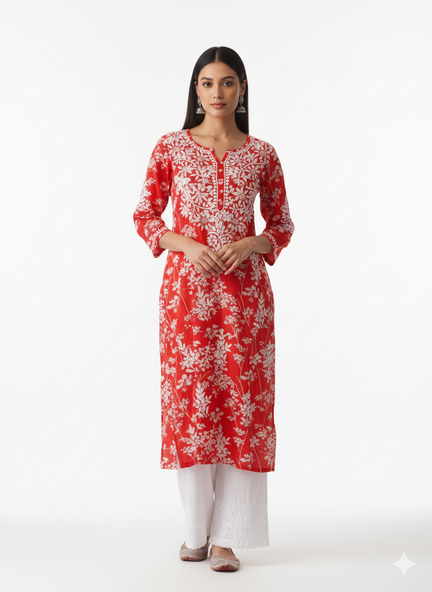 Mulmul Red Printed Straight Kurta