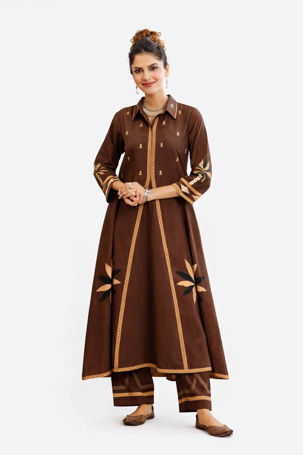 Brown Floral Cotton Kurta Set