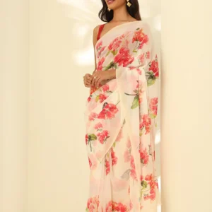 Off White Printed Georgette Saree