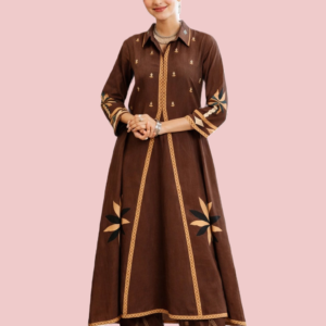Brown Floral Cotton Kurta Set