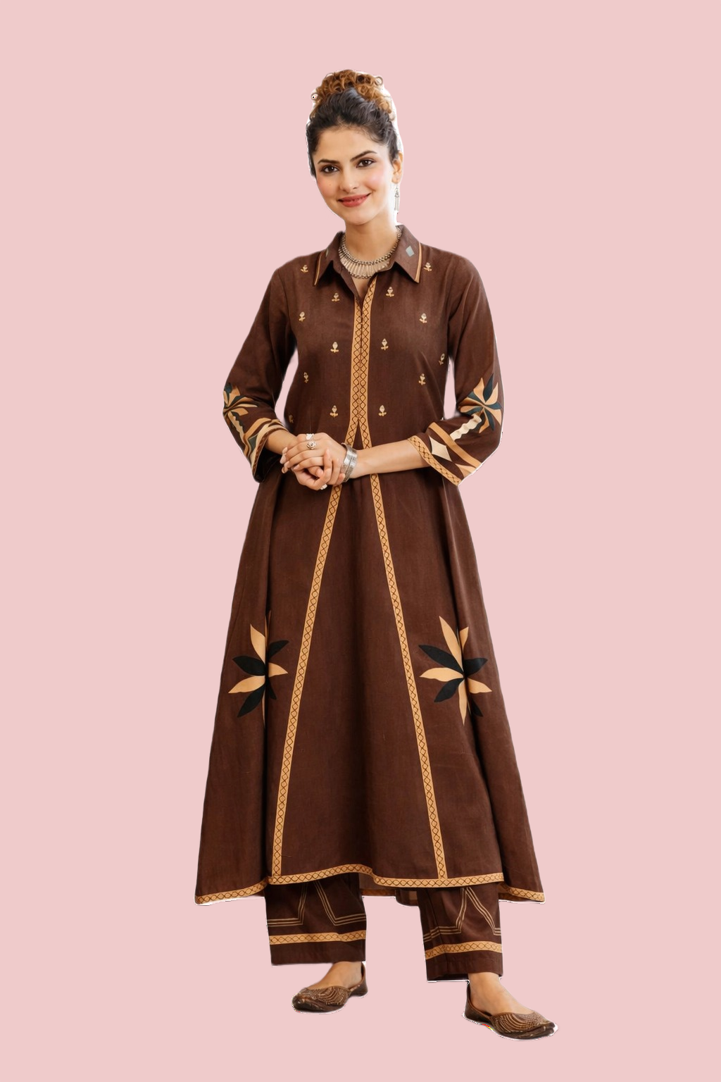 Brown Floral Cotton Kurta Set