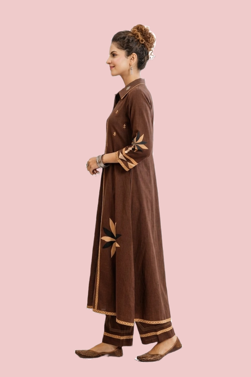 Brown Floral Cotton Kurta Set - Image 2