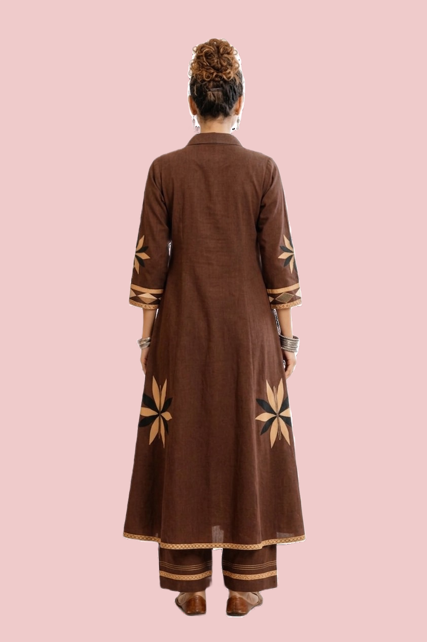 Brown Floral Cotton Kurta Set - Image 3