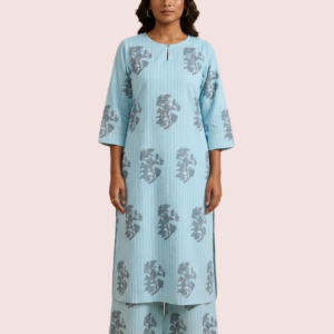 Short Sleeve Sky Blue Cotton Kurta