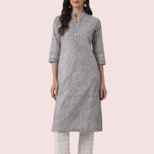 Elegant Short Sleeve Cotton Kurta - Grey