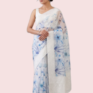 Digital Printed Saree with Chikankari Border (Blue)