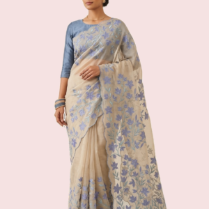 Digital Printed Saree with Chikankari Border (Violet)