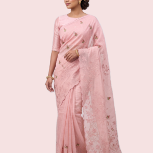 Embroided Kota Silk Saree with Blue Chikankari Border