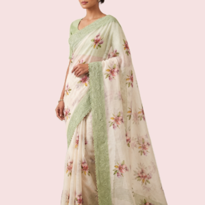 Embroided Kota Silk Saree with Green Chikankari Border