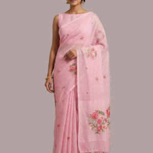 Cross Stitched Embroided Kota Saree (Pink)